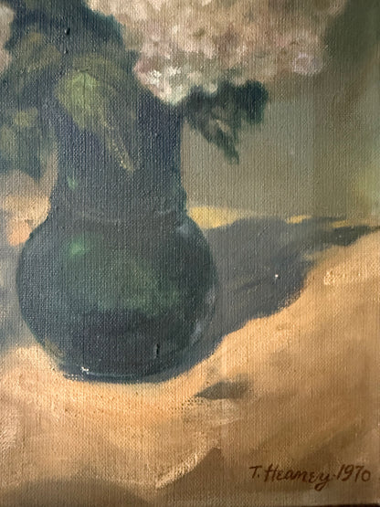 vintage 1970s realist still life painting of hydrangeas
