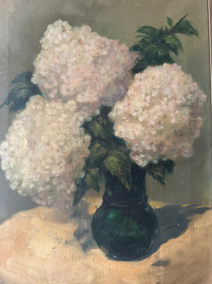 vintage 1970s realist still life painting of hydrangeas