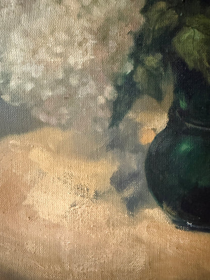 vintage 1970s realist still life painting of hydrangeas