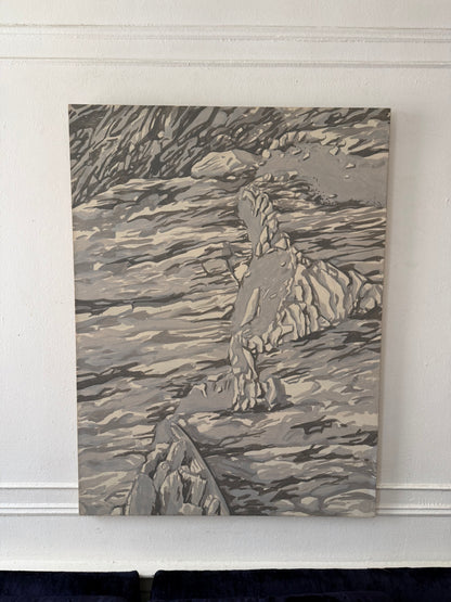 greyscale monochromatic oil painting of a close up rocky mountain on a canvas frame