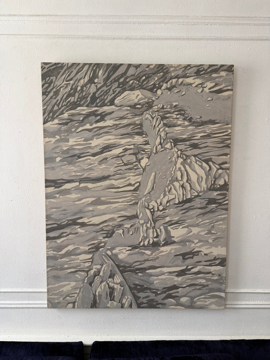 greyscale monochromatic oil painting of a close up rocky mountain on a canvas frame