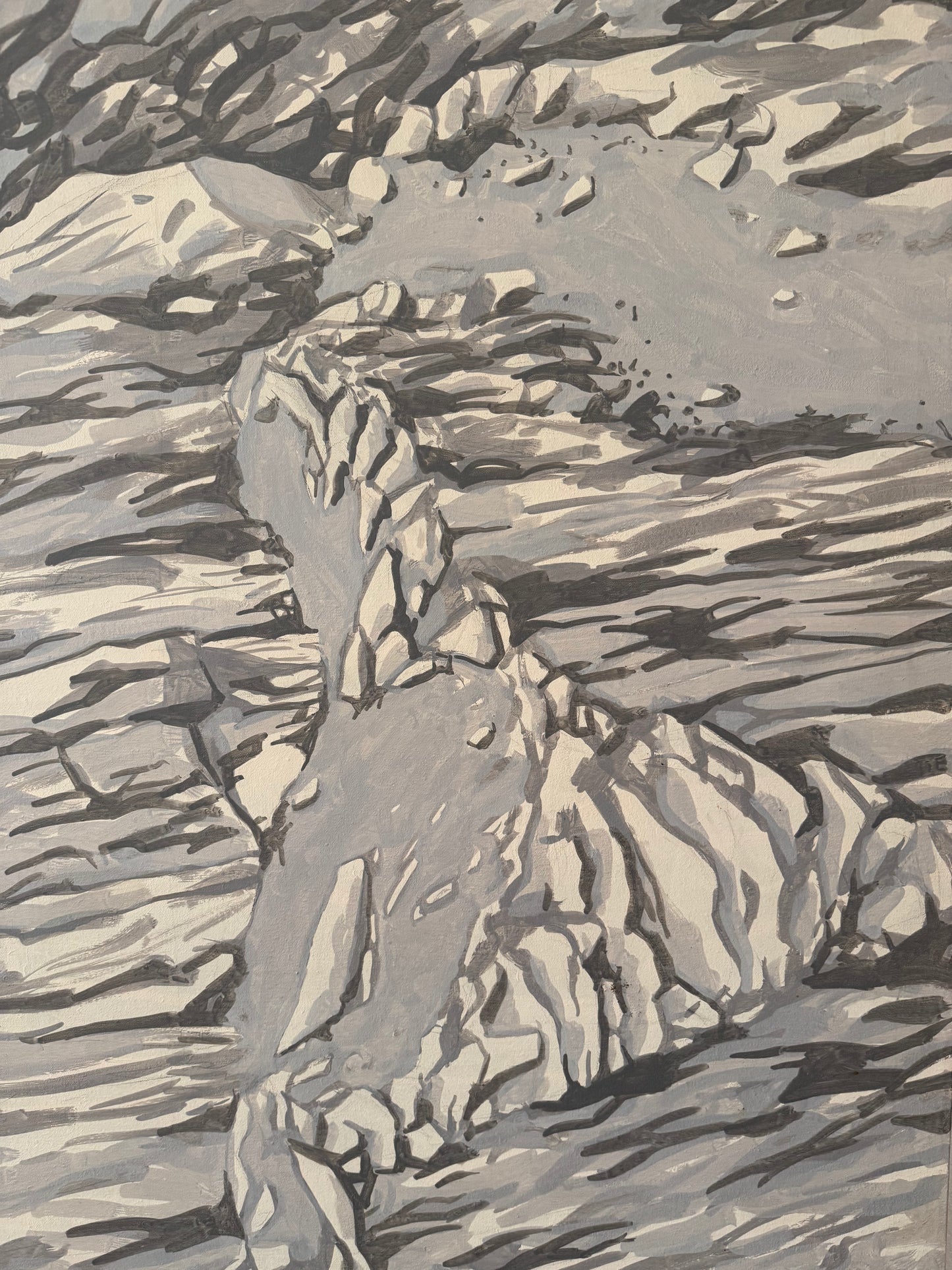 greyscale monochromatic oil painting of a close up rocky mountain on a canvas frame