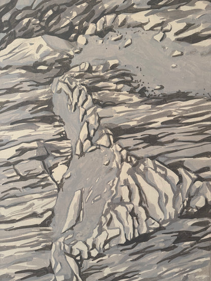 greyscale monochromatic oil painting of a close up rocky mountain on a canvas frame