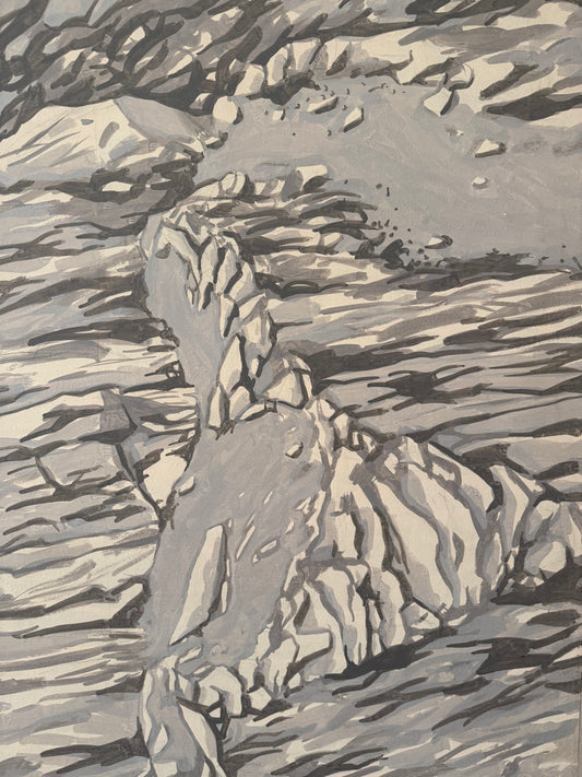 greyscale monochromatic oil painting of a close up rocky mountain on a canvas frame