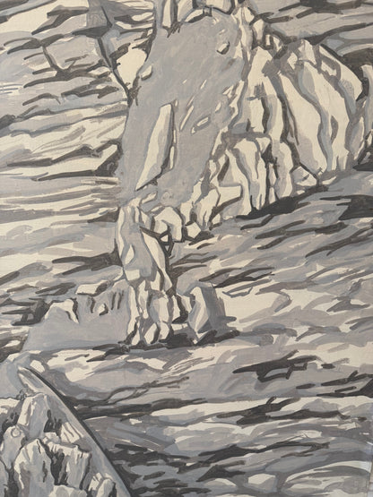 greyscale monochromatic oil painting of a close up rocky mountain on a canvas frame