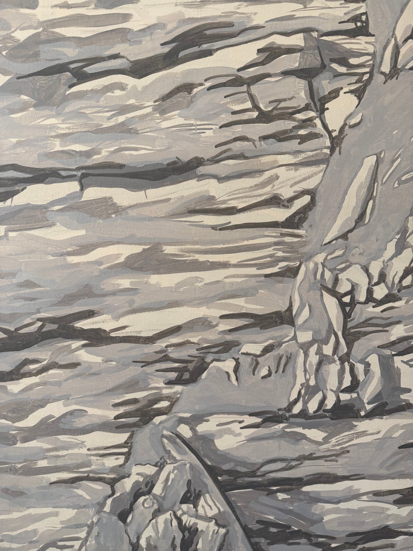 greyscale monochromatic oil painting of a close up rocky mountain on a canvas frame