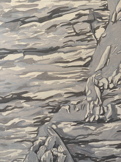greyscale monochromatic oil painting of a close up rocky mountain on a canvas frame
