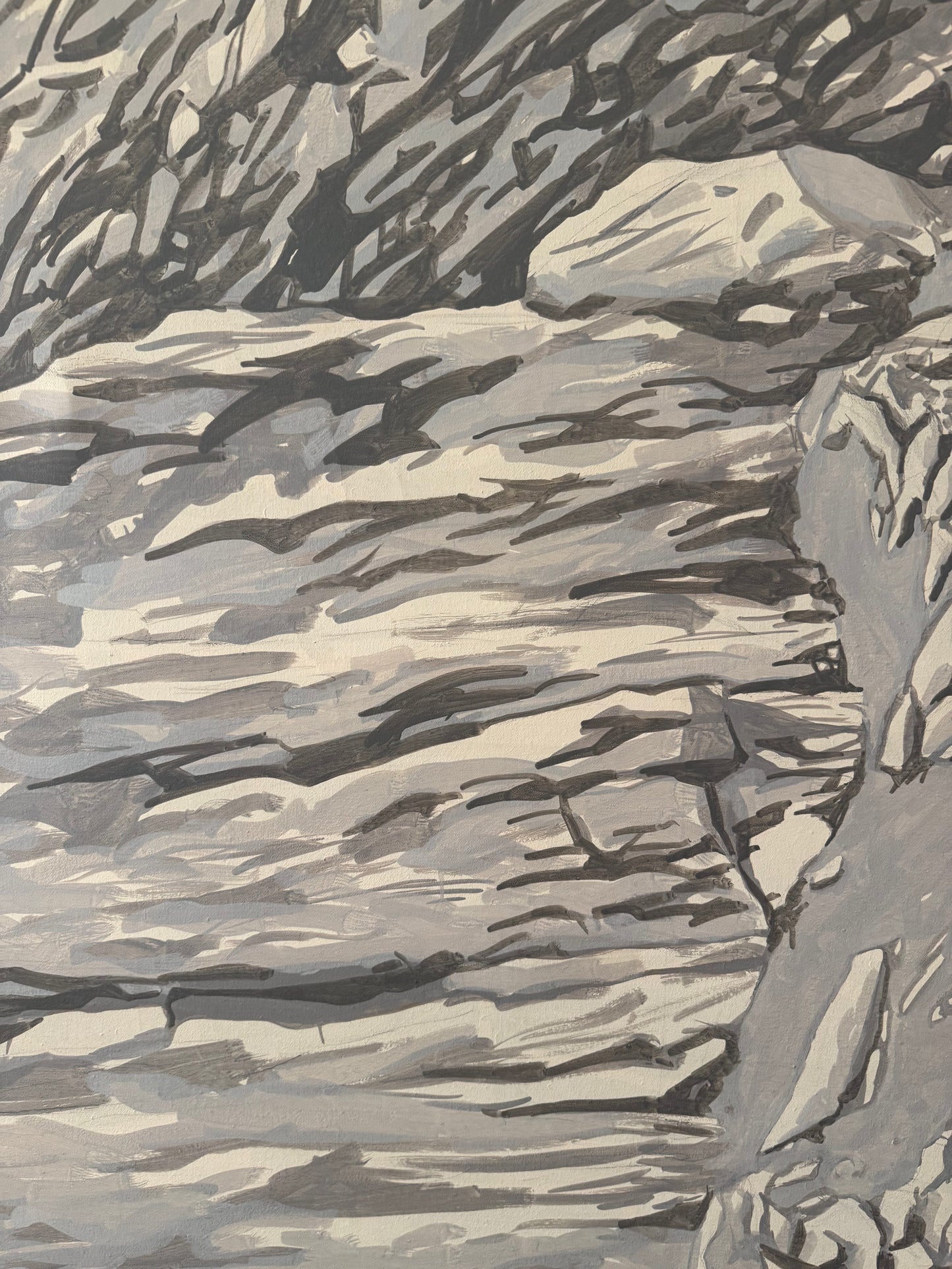 greyscale monochromatic oil painting of a close up rocky mountain on a canvas frame