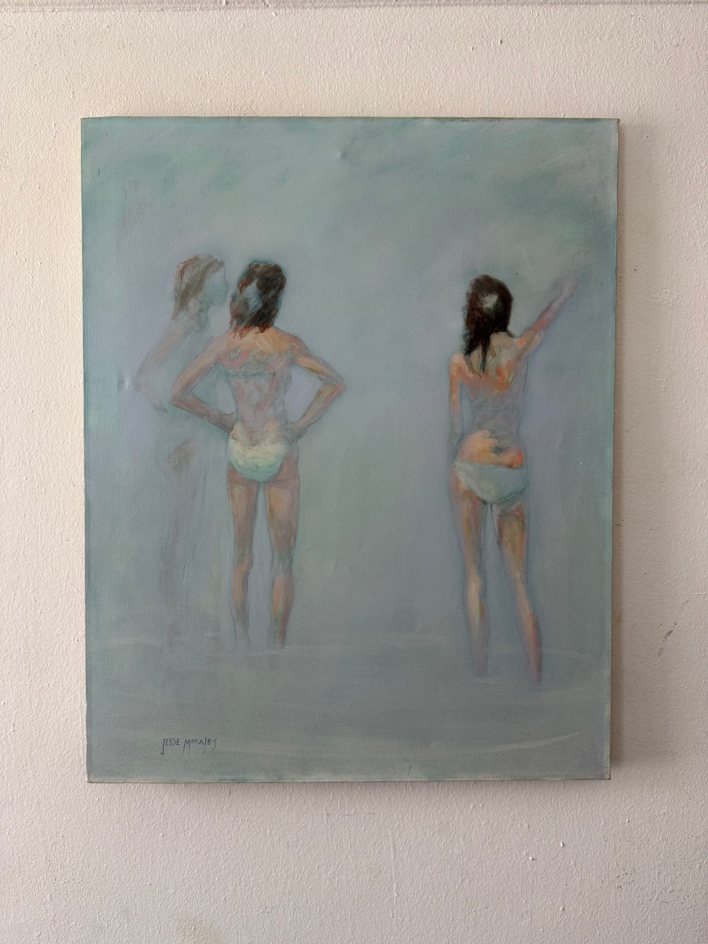 atmospheric foggy blue painting with semi nude females by Jess Morales