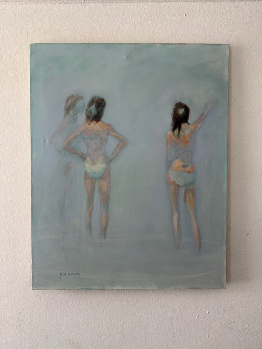 atmospheric foggy blue painting with semi nude females by Jess Morales