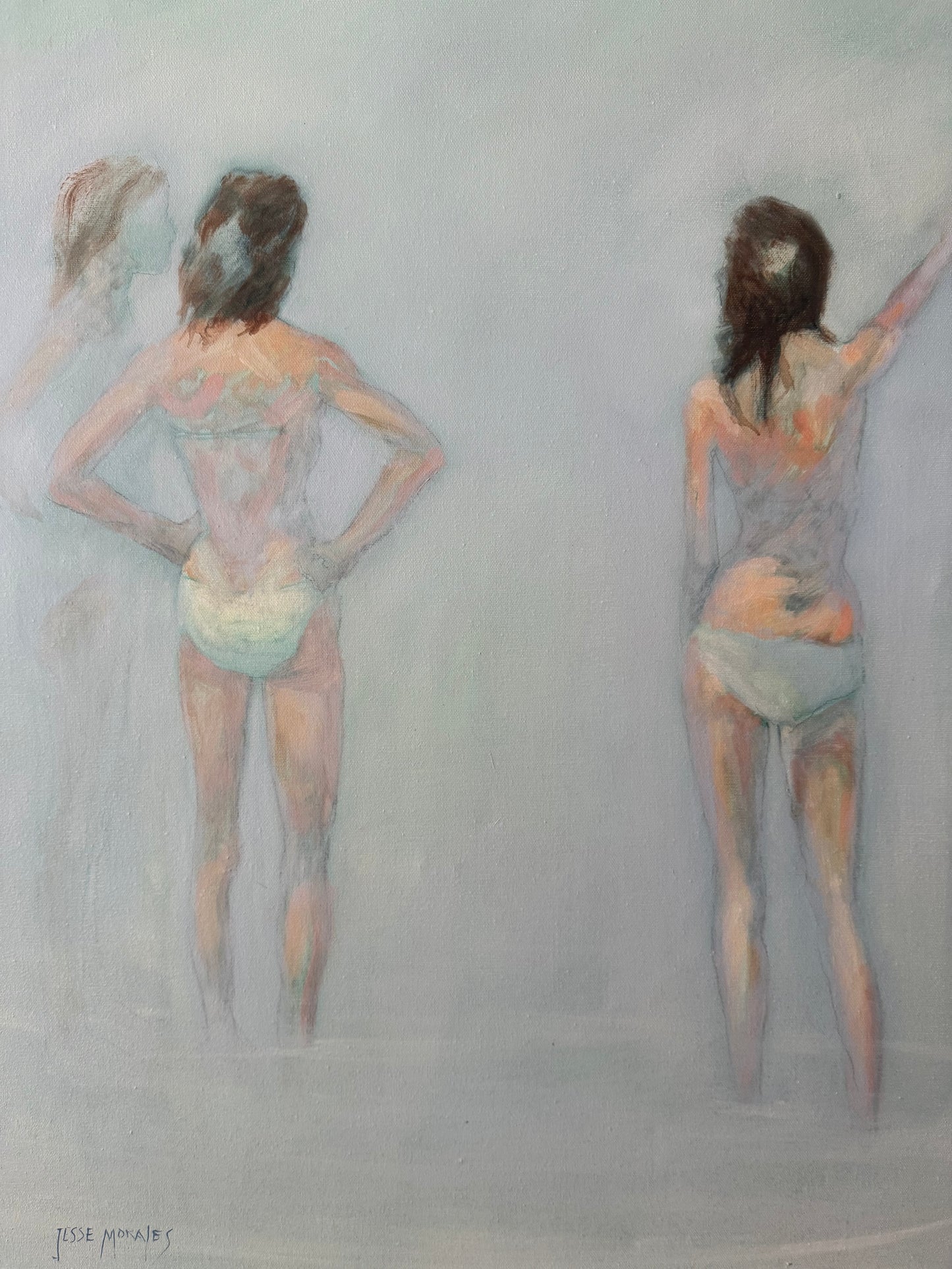 atmospheric foggy blue painting with semi nude females by Jess Morales