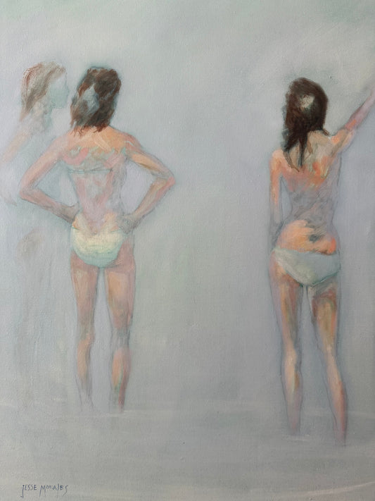 atmospheric foggy blue painting with semi nude females by Jess Morales