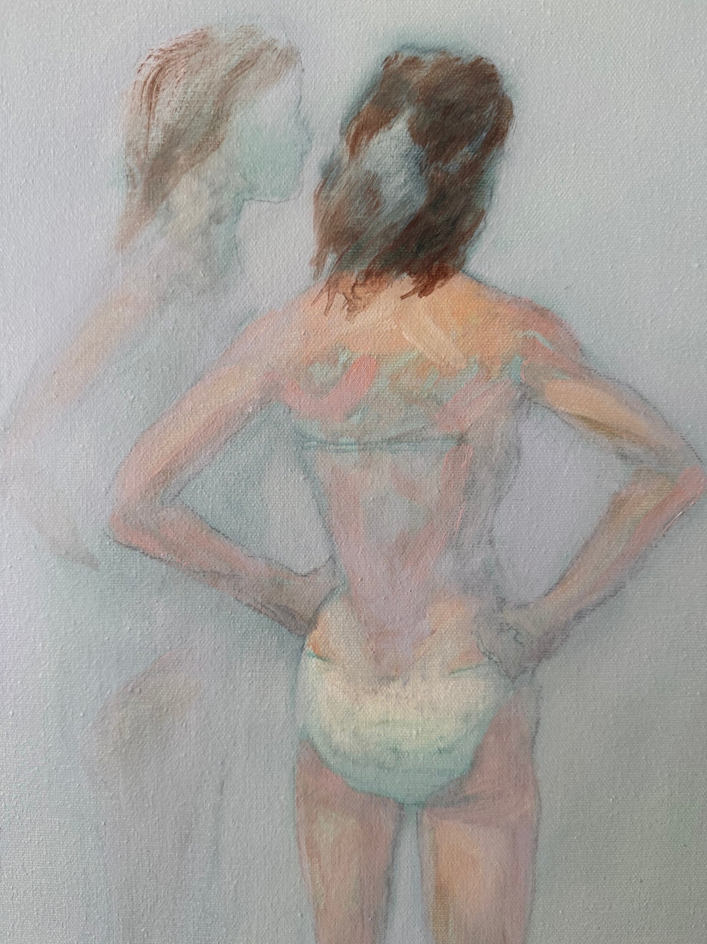 atmospheric foggy blue painting with semi nude females by Jess Morales