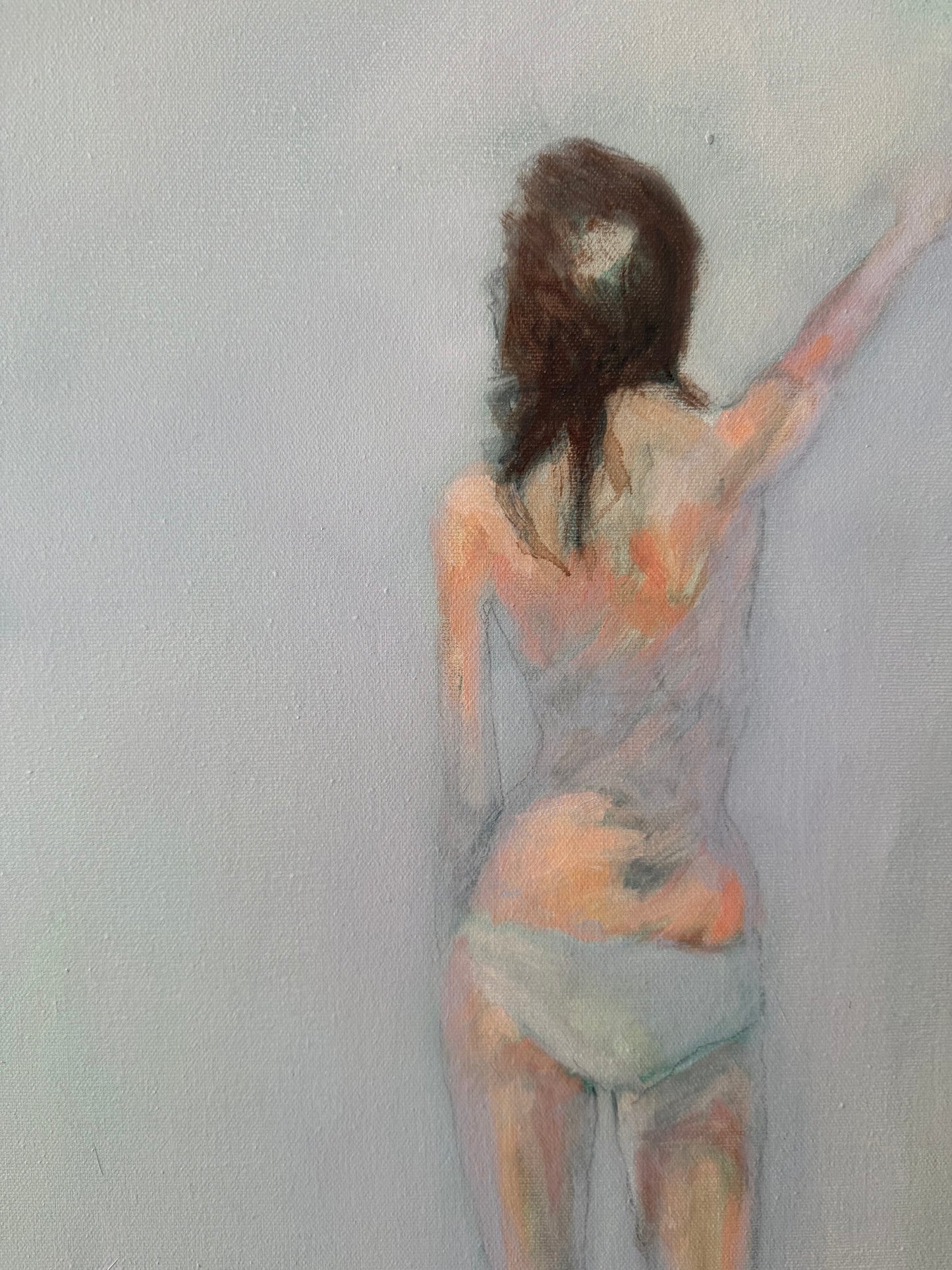 atmospheric foggy blue painting with semi nude females by Jess Morales