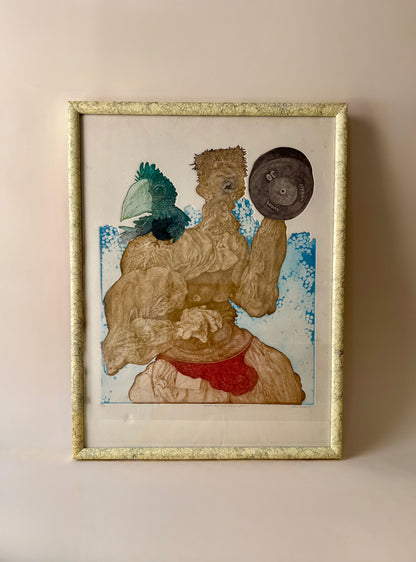 1977 funky, surrealist etching of a muscular man and bird by Brian McCall