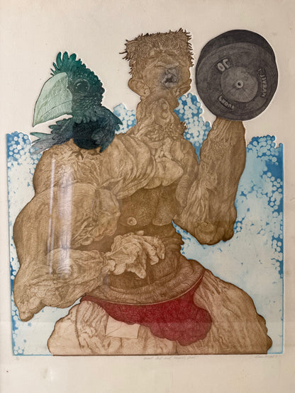 1977 funky, surrealist etching of a muscular man and bird by Brian McCall