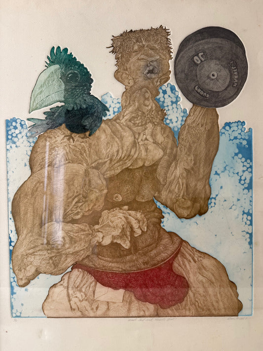 1977 funky, surrealist etching of a muscular man and bird by Brian McCall