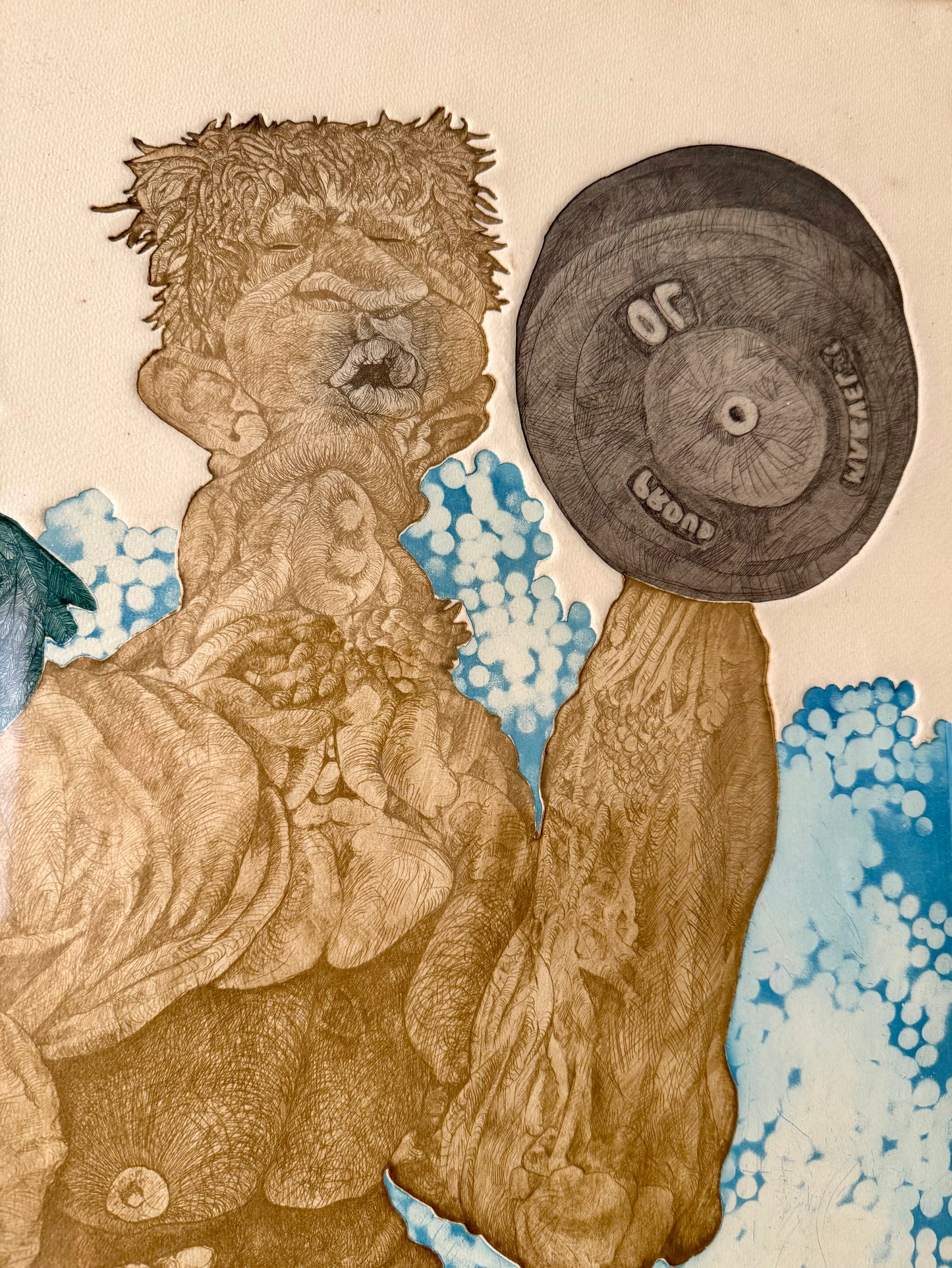 1977 funky, surrealist etching of a muscular man and bird by Brian McCall
