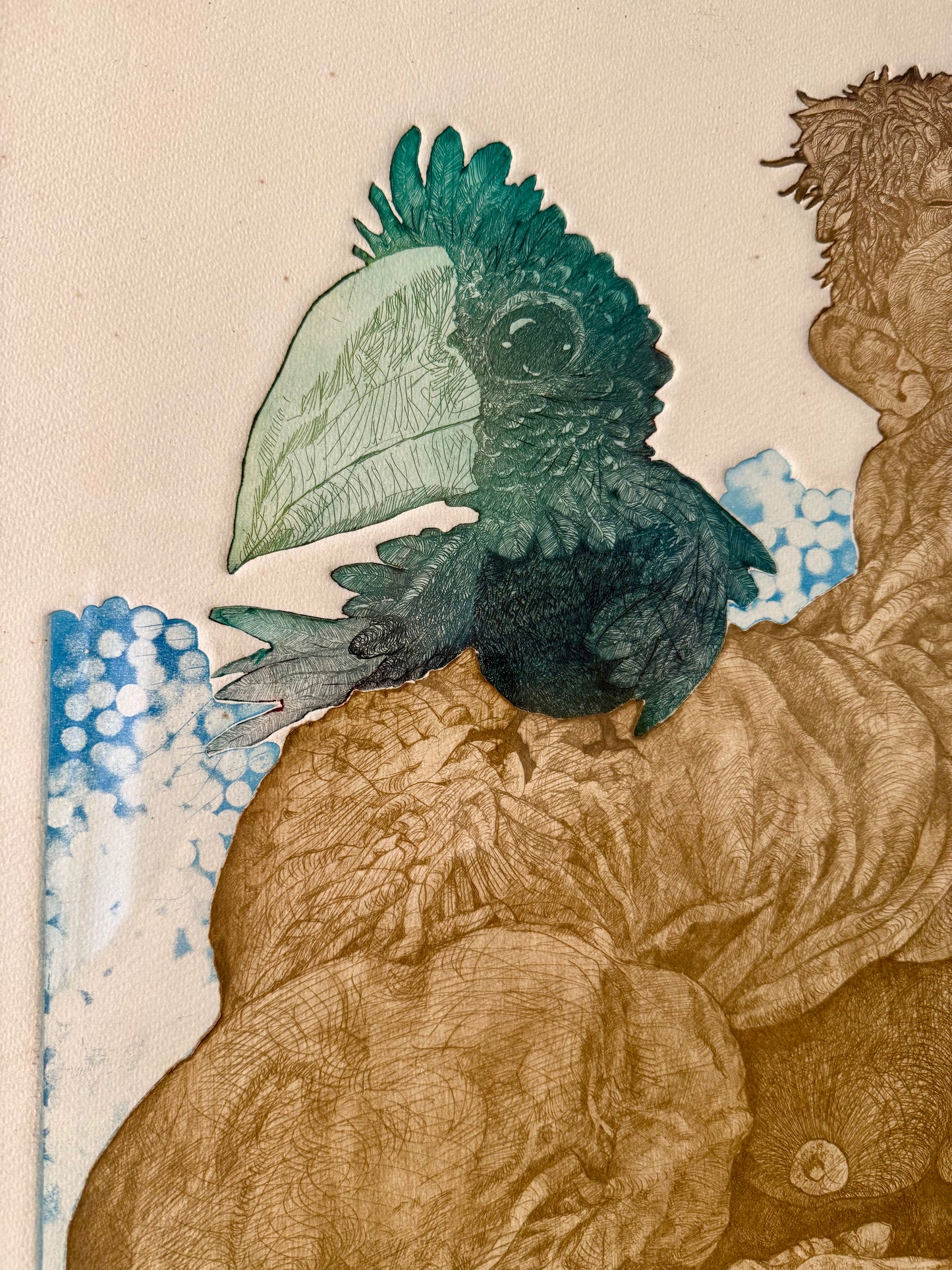 1977 funky, surrealist etching of a muscular man and bird by Brian McCall