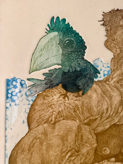 1977 funky, surrealist etching of a muscular man and bird by Brian McCall