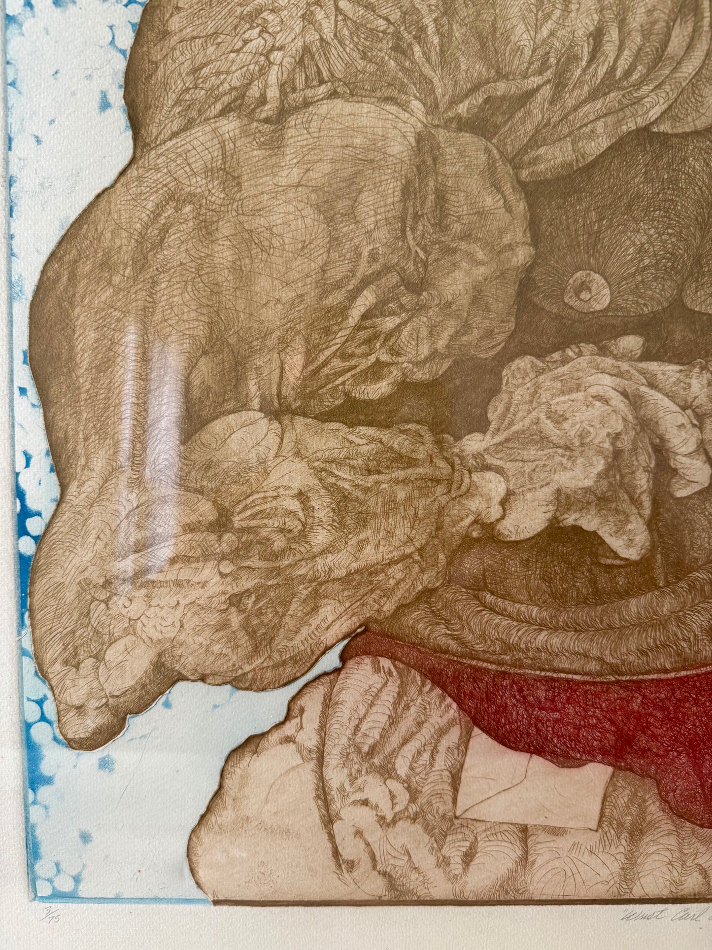 1977 funky, surrealist etching of a muscular man and bird by Brian McCall