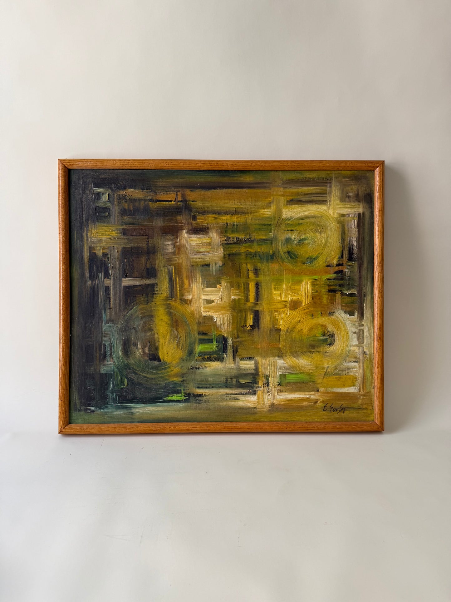 abstract composition oil on canvas board in yellows and greens