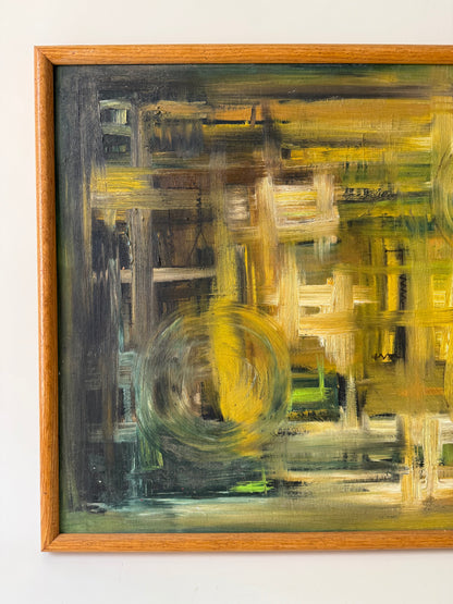 abstract composition oil on canvas board in yellows and greens