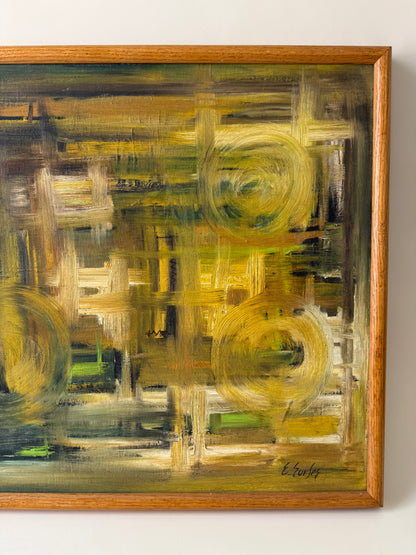 abstract composition oil on canvas board in yellows and greens