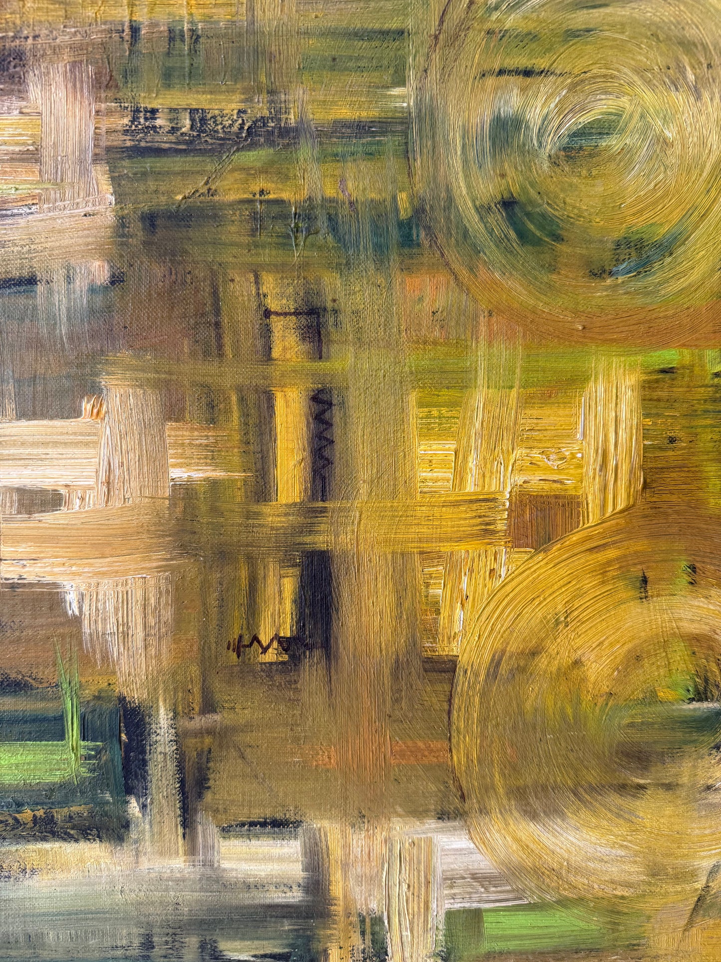 abstract composition oil on canvas board in yellows and greens