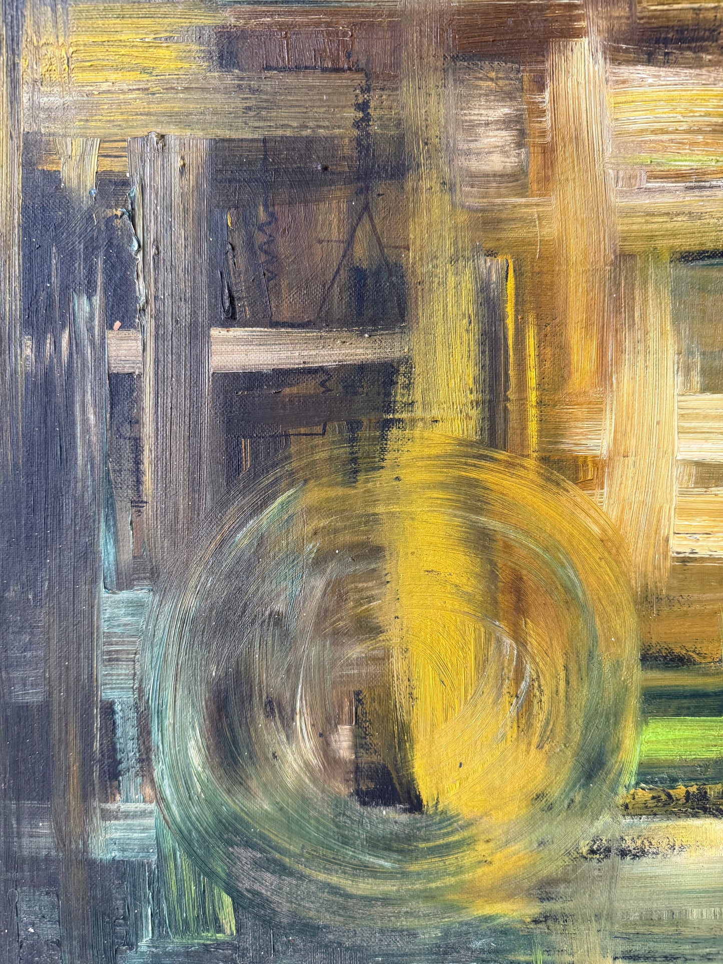 abstract composition oil on canvas board in yellows and greens