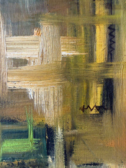 abstract composition oil on canvas board in yellows and greens
