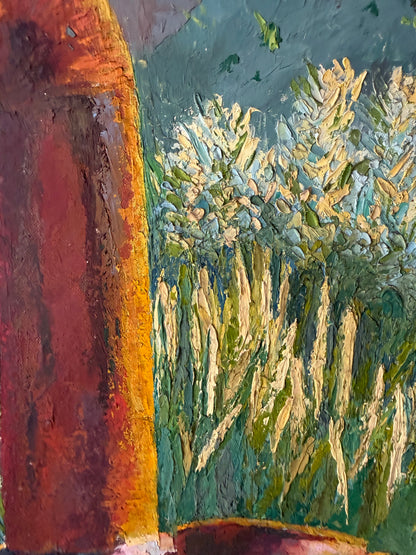 20th century still life oil painting on board with thick textures by Sean Taylor