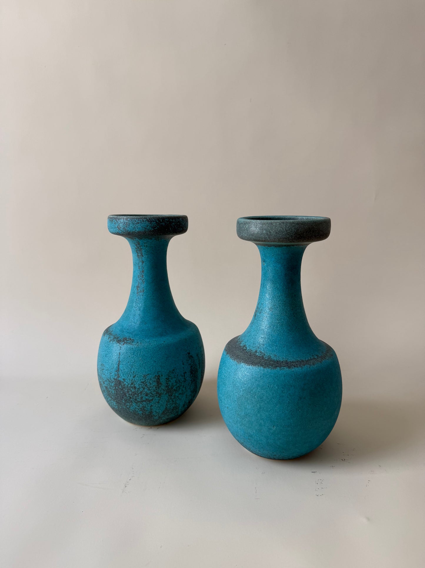 vintage pair of mid century modern turquoise matte ceramic vases attributed to Jaru