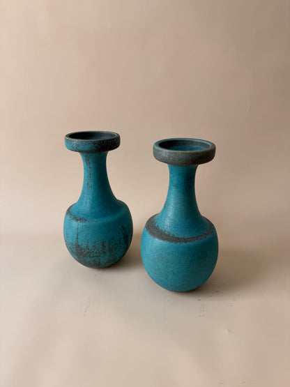 vintage pair of mid century modern turquoise matte ceramic vases attributed to Jaru