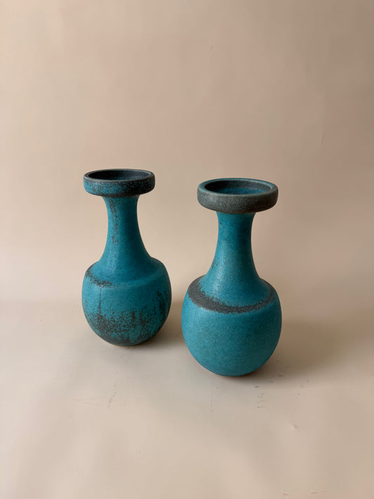 vintage pair of mid century modern turquoise matte ceramic vases attributed to Jaru