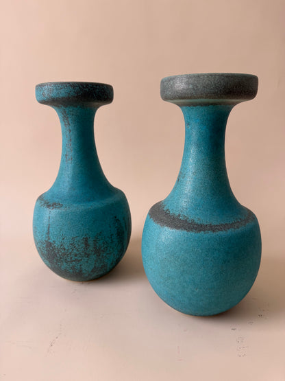 vintage pair of mid century modern turquoise matte ceramic vases attributed to Jaru