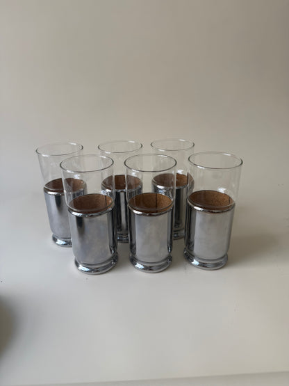 set of 6 space age drinking glasses with cork lined chrome covers