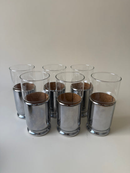 set of 6 space age drinking glasses with cork lined chrome covers