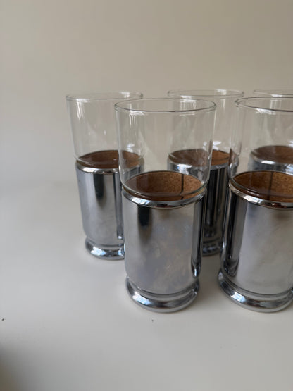 set of 6 space age drinking glasses with cork lined chrome covers