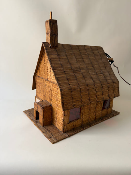 vintage folk art matchstick church with red light