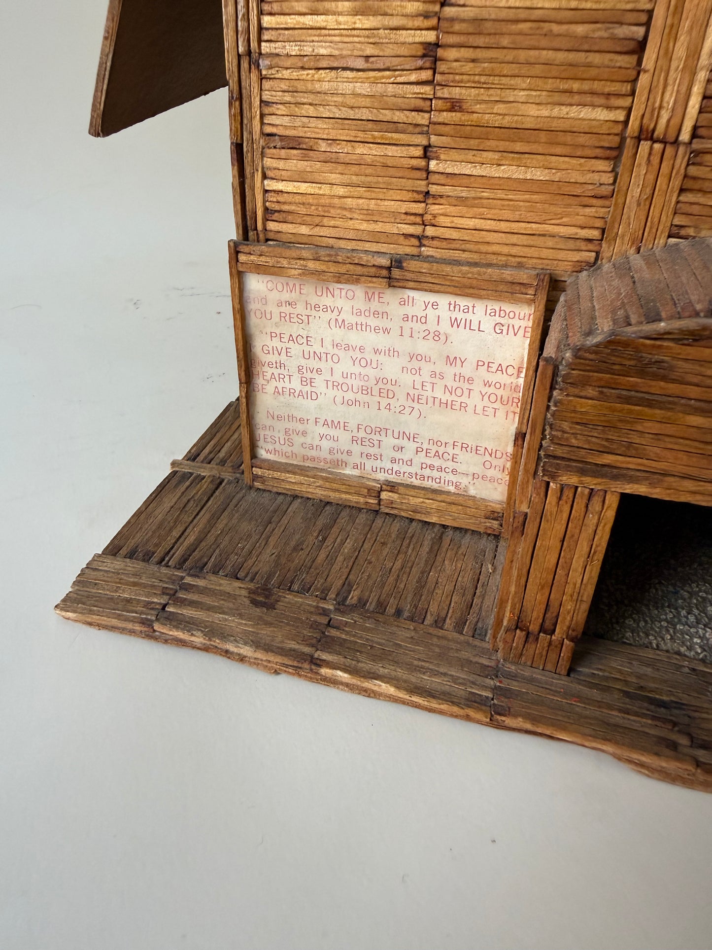 vintage folk art matchstick church with red light