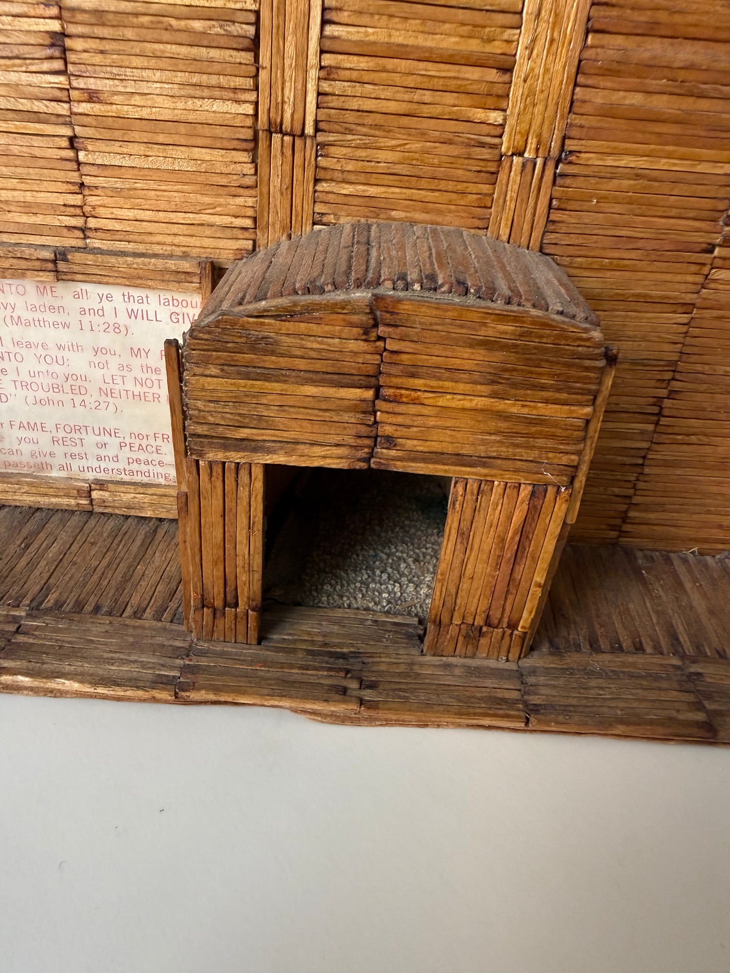 vintage folk art matchstick church with red light
