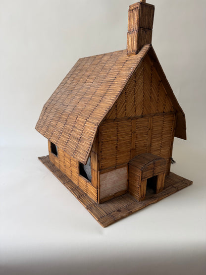 vintage folk art matchstick church with red light