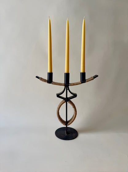 large mid century wrought iron and rattan candleholder attributed to Arthur Umanoff