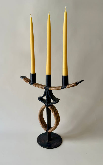 large mid century wrought iron and rattan candleholder attributed to Arthur Umanoff