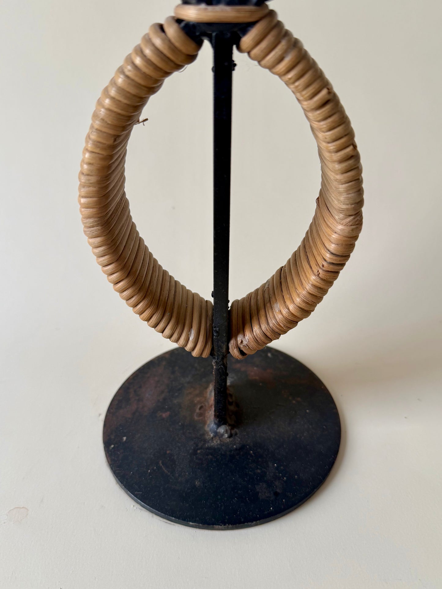 large mid century wrought iron and rattan candleholder attributed to Arthur Umanoff