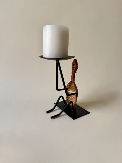 figural iron and rattan candle holder