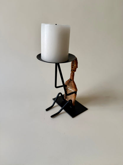 figural iron and rattan candle holder