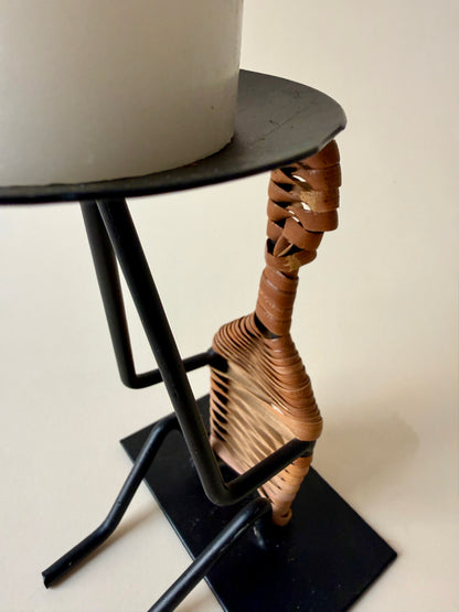 figural iron and rattan candle holder