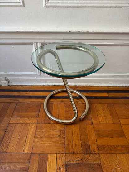 tubular brass sculptural side table with round glass top
